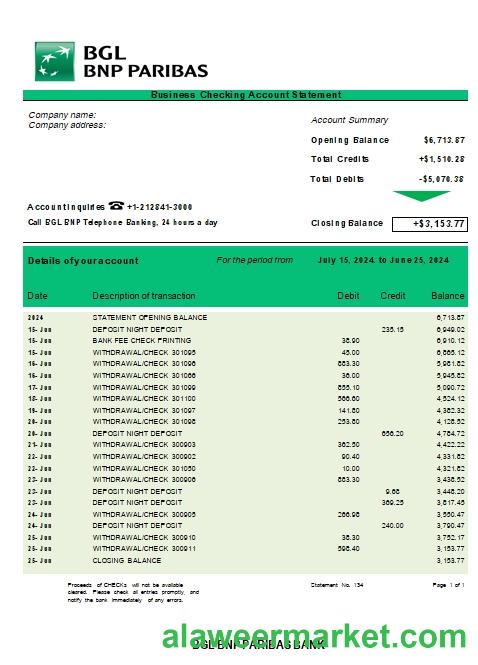 BGL BNP Paribas business checking account statement Word and PDF template scr